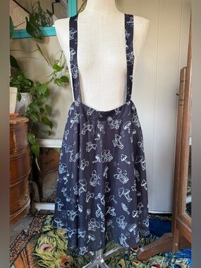 Black Mushroom Print Mini overall Dress with straps, size 16